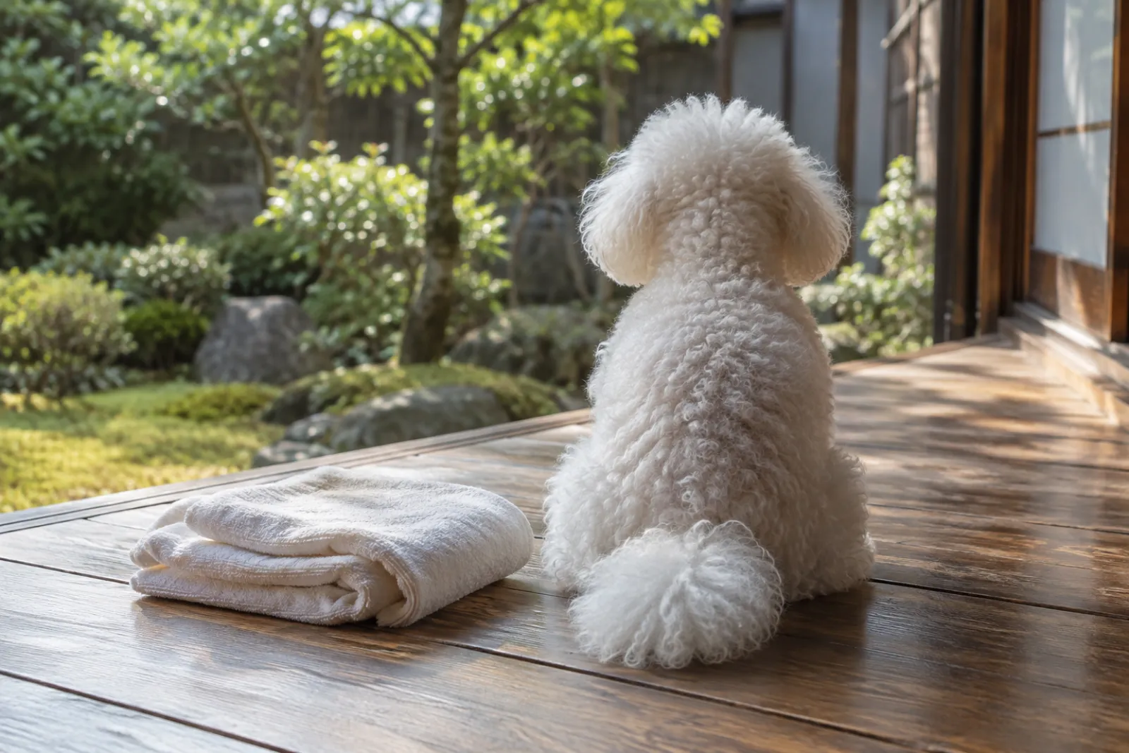 洗いたての白い小型犬の後ろ姿